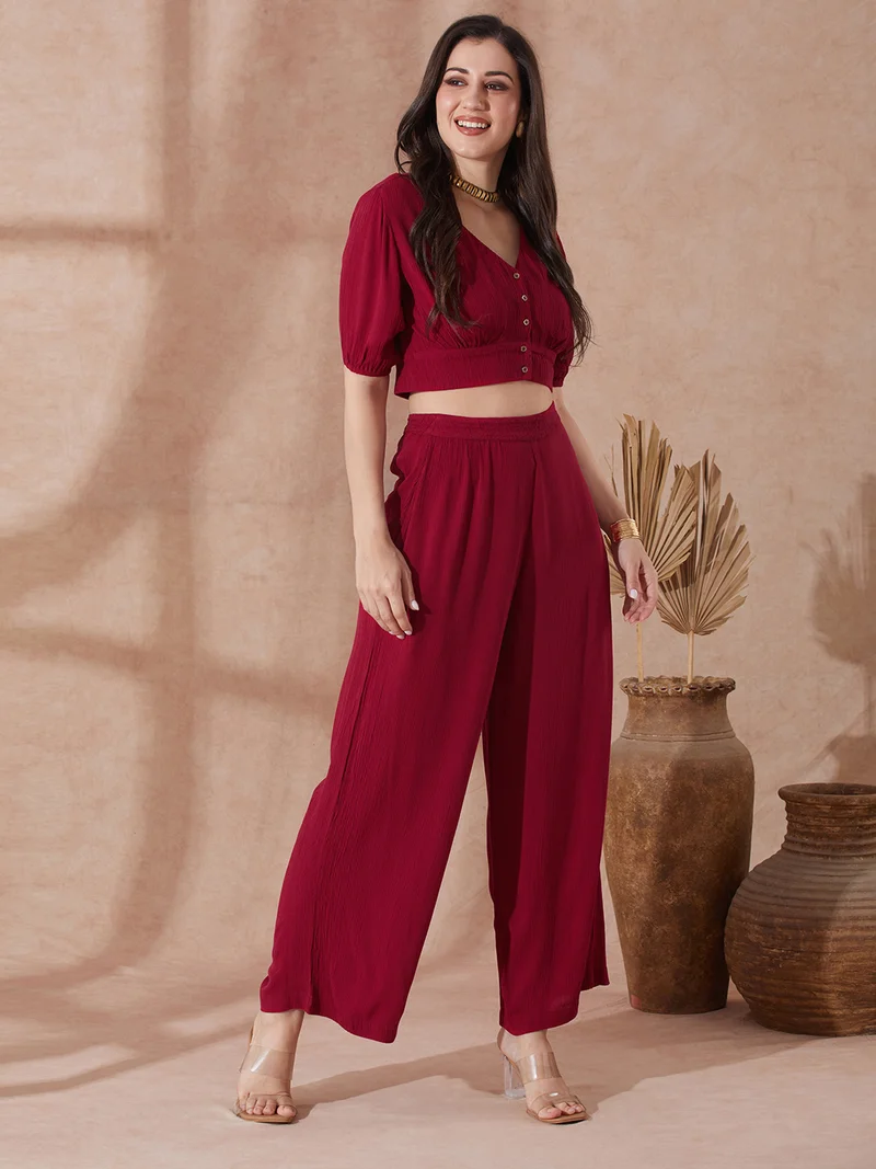 globus Globus Women Pink V-Neck Self Design Button Detail Crop Top with Wide Leg Trousers Co-Ord Set