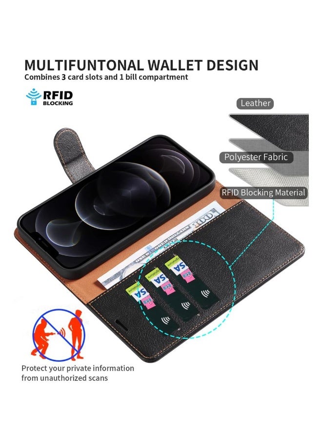 Case For IPhone 12/iPhone 12 Pro Premium Leather Flip Wallet Case [RFID Blocking] Phone Cover For IPhone 12/iPhone 12 Pro (Black) - Image 2