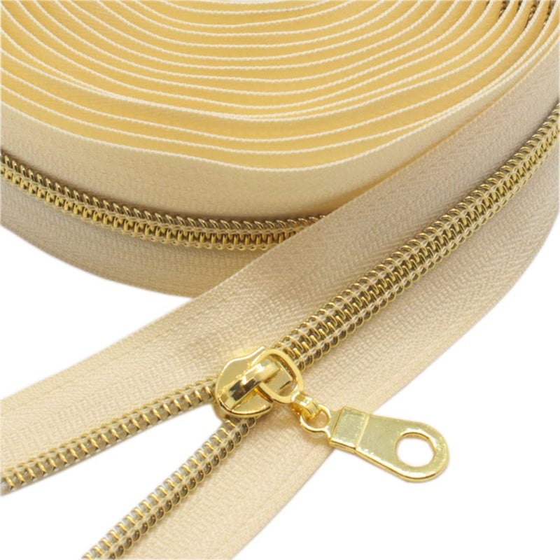 YaHoGa 5 Gold Metallic Nylon Coil Zippers by The Yard Bulk Beige Tape 10 Yards with 25pcs Gold Pulls for DIY Sewing Tailor Craft Bag Beige