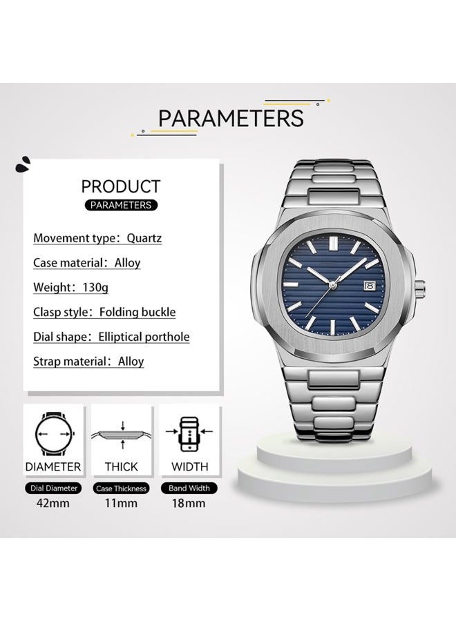 BARAMON Wrist Watches for Men, Nautilus Stainless Steel Quartz Movement Date Luxury Style Men's Luminous Hands Casual Business Watches, Silver2., Quartz Movement - Image 2