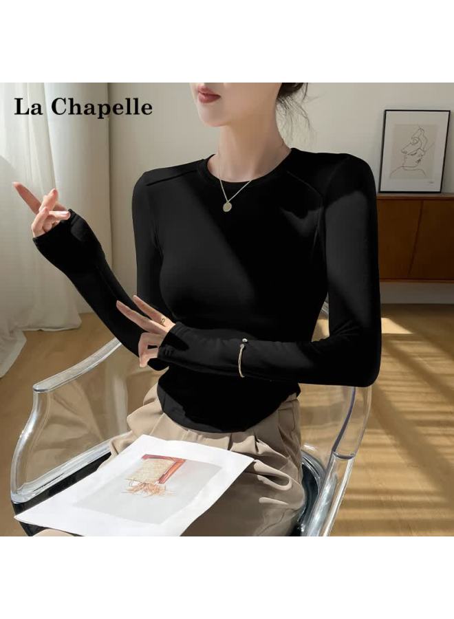 LA CHAPELLE تي شيرت نسائي أسود بكم طويل من لا شابيل بقلنسوة سميكة بحافة منحنية وطبعة هيرينغبون مقاس S - Image 1