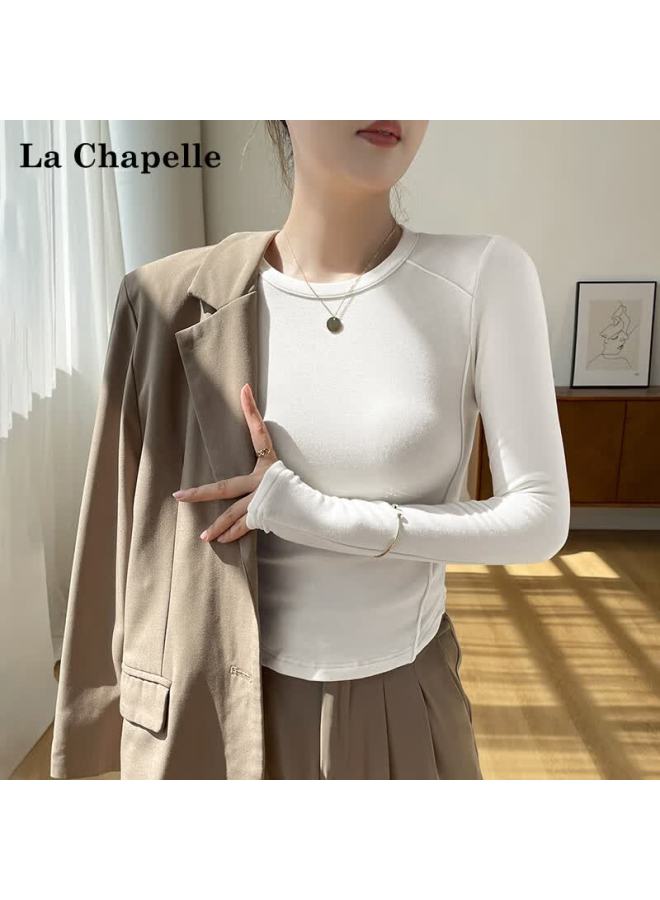 LA CHAPELLE تي شيرت نسائي أسود بكم طويل من لا شابيل بقلنسوة سميكة بحافة منحنية وطبعة هيرينغبون مقاس S - Image 2