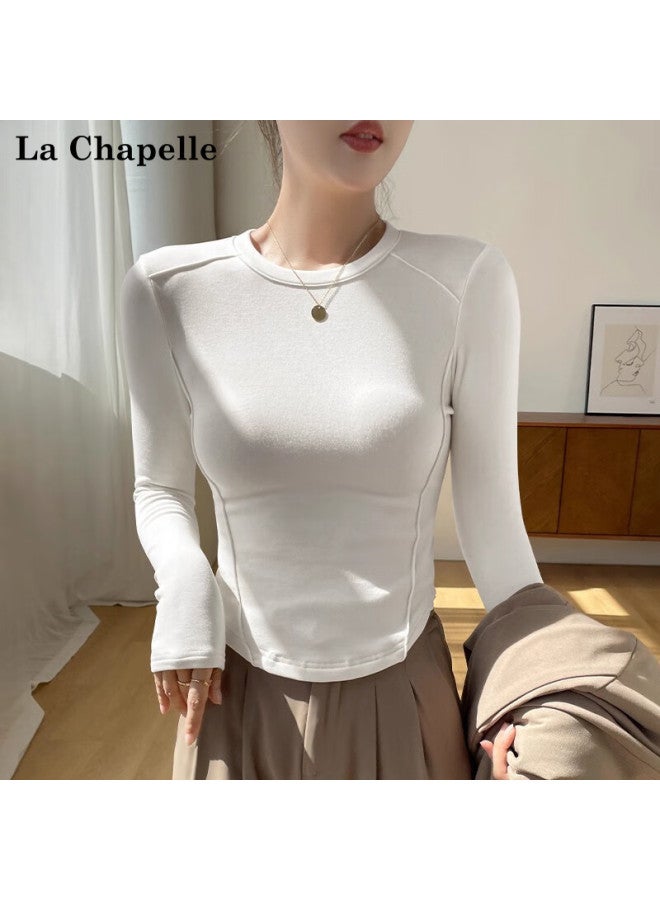 LA CHAPELLE تي شيرت نسائي أسود بكم طويل من لا شابيل بقلنسوة سميكة بحافة منحنية وطبعة هيرينغبون مقاس S - Image 4