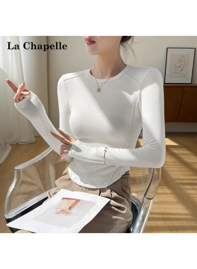 LA CHAPELLE تي شيرت نسائي أسود بكم طويل من لا شابيل بقلنسوة سميكة بحافة منحنية وطبعة هيرينغبون مقاس S - Image 3