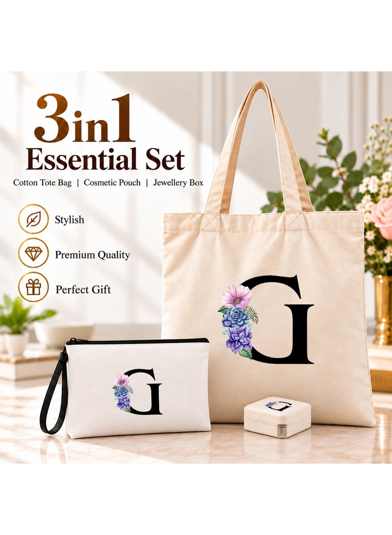 برينت شوب فور مي مجموعة هدايا (حرف مزين بالزهور): حقيبة تسوق (Tote Bag) + حقيبة صغيرة (Pouch) + علبة مجوهرات (3 في 1) - Image 2