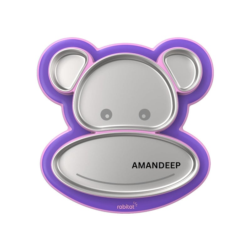 Rabitat Pogo Playte Personalized Anti Skid Stainless Steel Divided Plate Purple - 2 Years Brand Warranty | Unbreakable 4 Sections Self Feeding Training Divider Plate for Baby | Toddlers - 360ml - Image 1