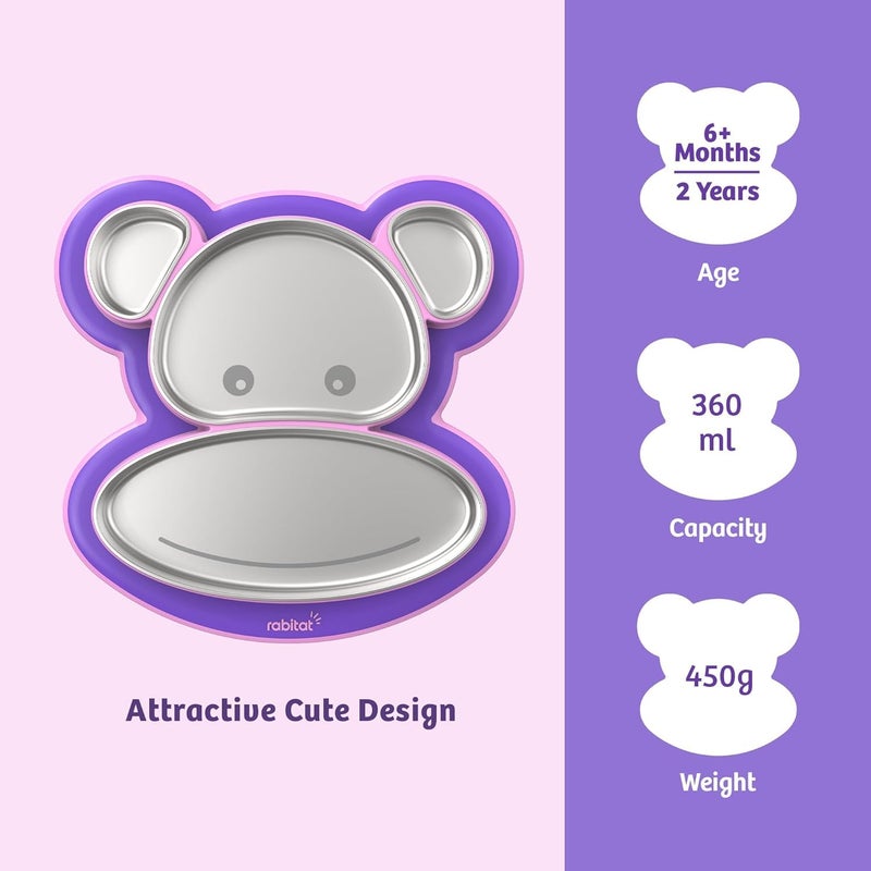 Rabitat Pogo Playte Personalized Anti Skid Stainless Steel Divided Plate Purple - 2 Years Brand Warranty | Unbreakable 4 Sections Self Feeding Training Divider Plate for Baby | Toddlers - 360ml - Image 3