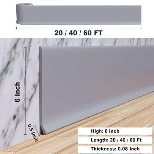 Duzzy Flexible Baseboard Molding Trim, 6 Inch(W) x 60 Feet(L) Peel and Stick Rubber Wall Trim Molding, Self-Adhesive Vinyl Wall Base Cove Base (Gray) - Image 2