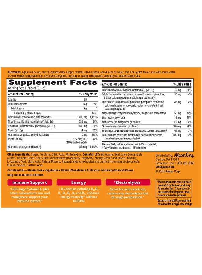 Emergen-C Emergen-C 1000mg Vitamin C Powder, With Antioxidants, B Vitamins And Electrolytes, Immunity Supplements For Immune Support, Caffeine Free Fizzy Drink Mix, Raspberry Flavor - 30 Count/1 Month Supply  - Image 3