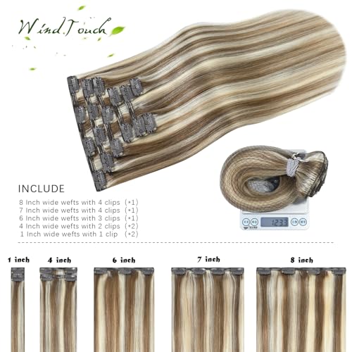 WindTouch Clip In Hair Extensions Real Human Hair Balayage Ash Blonde to Platinum Blonde Hair Clip Ins Highlights For Blonde Thick Full End(120g 18Inch 7PCS) - Image 3
