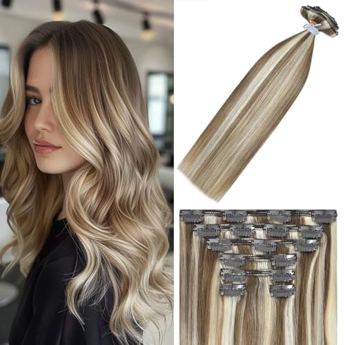 WindTouch Clip In Hair Extensions Real Human Hair Balayage Ash Blonde to Platinum Blonde Hair Clip Ins Highlights For Blonde Thick Full End(120g 18Inch 7PCS) - Image 1