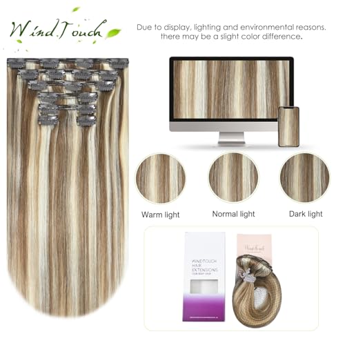WindTouch Clip In Hair Extensions Real Human Hair Balayage Ash Blonde to Platinum Blonde Hair Clip Ins Highlights For Blonde Thick Full End(120g 18Inch 7PCS) - Image 4