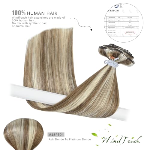 WindTouch Clip In Hair Extensions Real Human Hair Balayage Ash Blonde to Platinum Blonde Hair Clip Ins Highlights For Blonde Thick Full End(120g 18Inch 7PCS) - Image 5