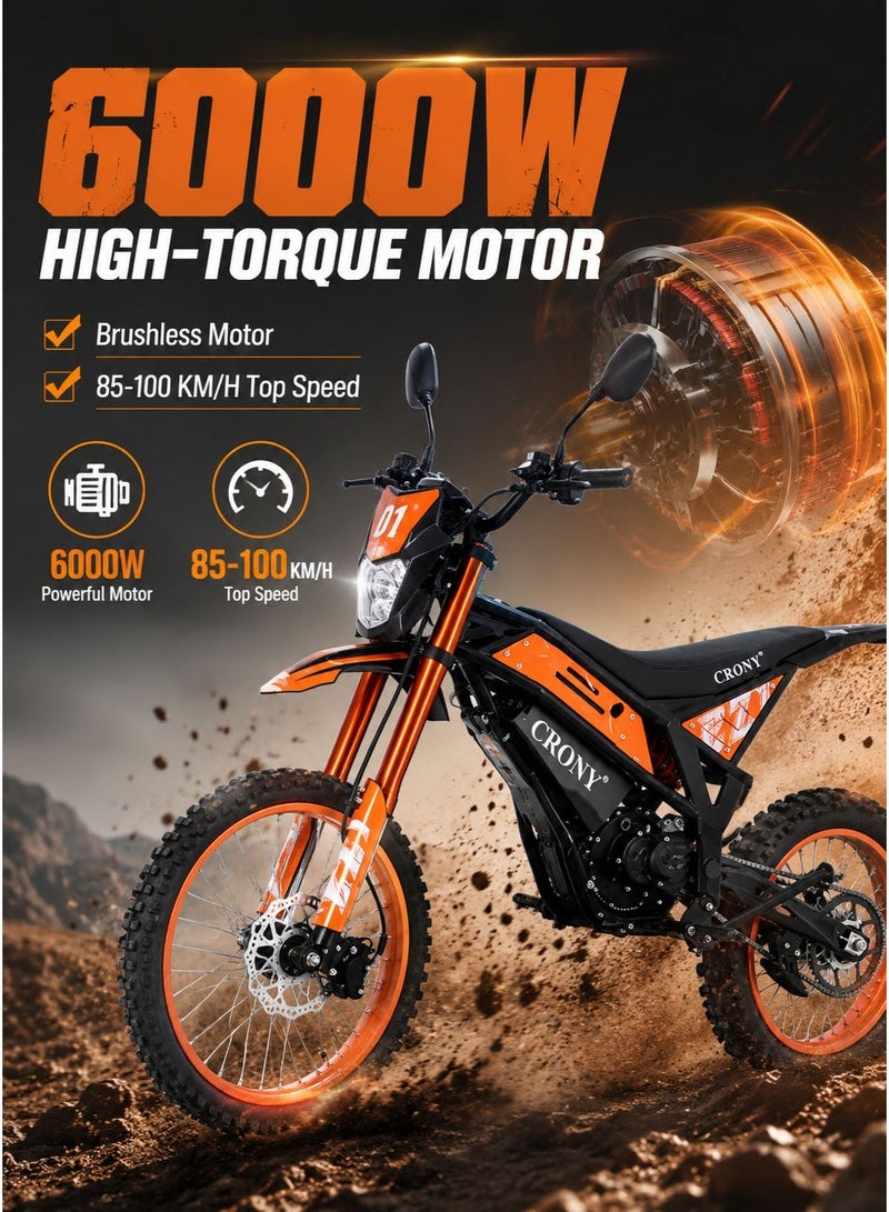 CRONY-06 6000W Electric Dirt Bike for teens/Adults, 72V 27Ah High-Capacity Battery, 85-100 KM/H Top Speed, 55-70 KM Riding Range, Electric Motocross Motorcycle with Dual Suspension, Front & Rear Hydraulic Disc Brakes, 19 Inch Front & 16 Inch Rear Off-Road Tires, LED Digital Display, Bright Headlight, Rearview Mirrors, High Torque Brushless Motor, Off Road E-Bike for Trail, Mountain, Desert, Racing and Adventure Riding - Image 2