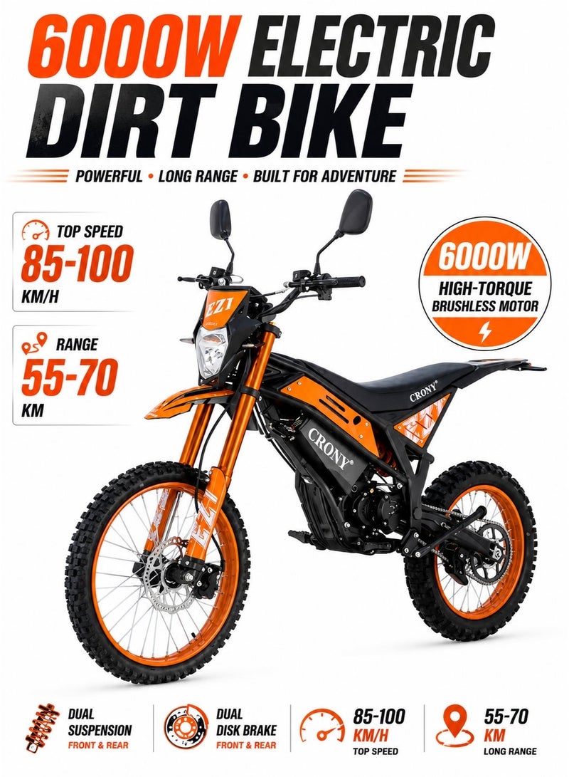 CRONY-06 6000W Electric Dirt Bike for teens/Adults, 72V 27Ah High-Capacity Battery, 85-100 KM/H Top Speed, 55-70 KM Riding Range, Electric Motocross Motorcycle with Dual Suspension, Front & Rear Hydraulic Disc Brakes, 19 Inch Front & 16 Inch Rear Off-Road Tires, LED Digital Display, Bright Headlight, Rearview Mirrors, High Torque Brushless Motor, Off Road E-Bike for Trail, Mountain, Desert, Racing and Adventure Riding - Image 1