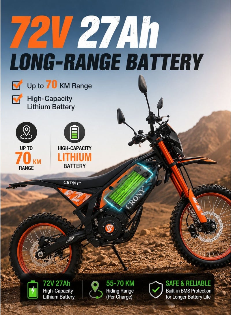 CRONY-06 6000W Electric Dirt Bike for teens/Adults, 72V 27Ah High-Capacity Battery, 85-100 KM/H Top Speed, 55-70 KM Riding Range, Electric Motocross Motorcycle with Dual Suspension, Front & Rear Hydraulic Disc Brakes, 19 Inch Front & 16 Inch Rear Off-Road Tires, LED Digital Display, Bright Headlight, Rearview Mirrors, High Torque Brushless Motor, Off Road E-Bike for Trail, Mountain, Desert, Racing and Adventure Riding - Image 3