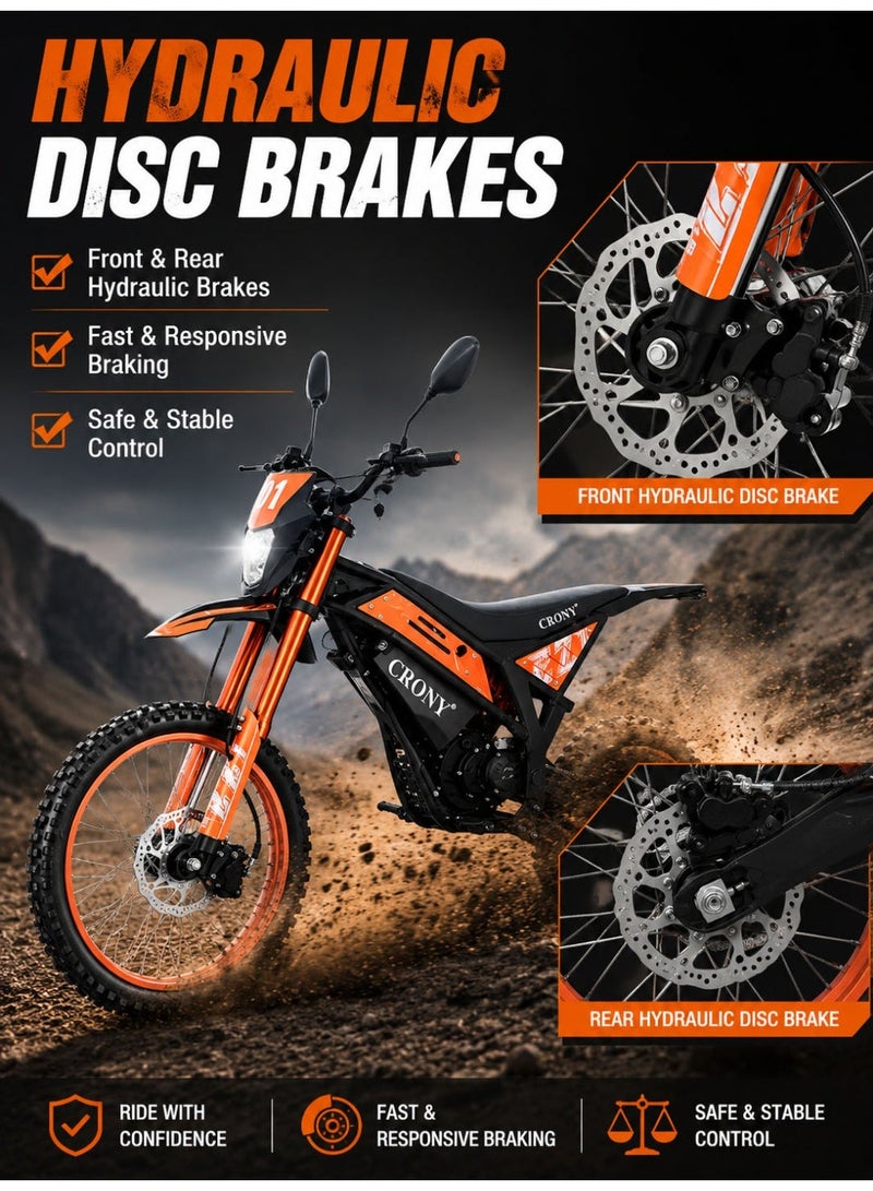 CRONY-06 6000W Electric Dirt Bike for teens/Adults, 72V 27Ah High-Capacity Battery, 85-100 KM/H Top Speed, 55-70 KM Riding Range, Electric Motocross Motorcycle with Dual Suspension, Front & Rear Hydraulic Disc Brakes, 19 Inch Front & 16 Inch Rear Off-Road Tires, LED Digital Display, Bright Headlight, Rearview Mirrors, High Torque Brushless Motor, Off Road E-Bike for Trail, Mountain, Desert, Racing and Adventure Riding - Image 4