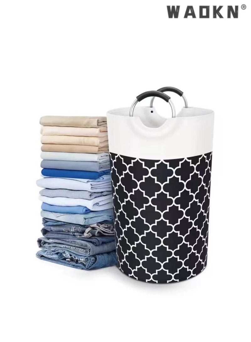 دبليو أيه أو كي أن طوي كبير المطبوعة النسيج دون غطاء الغسيل توراج سلة الغسيل تعوق حقيبة مع مقبض الألومنيوم سلة الغسيل القابلة للطي صندوق تخزين الملابس القذرة ، دلو الفرز المنزلي (أسود) - Image 1