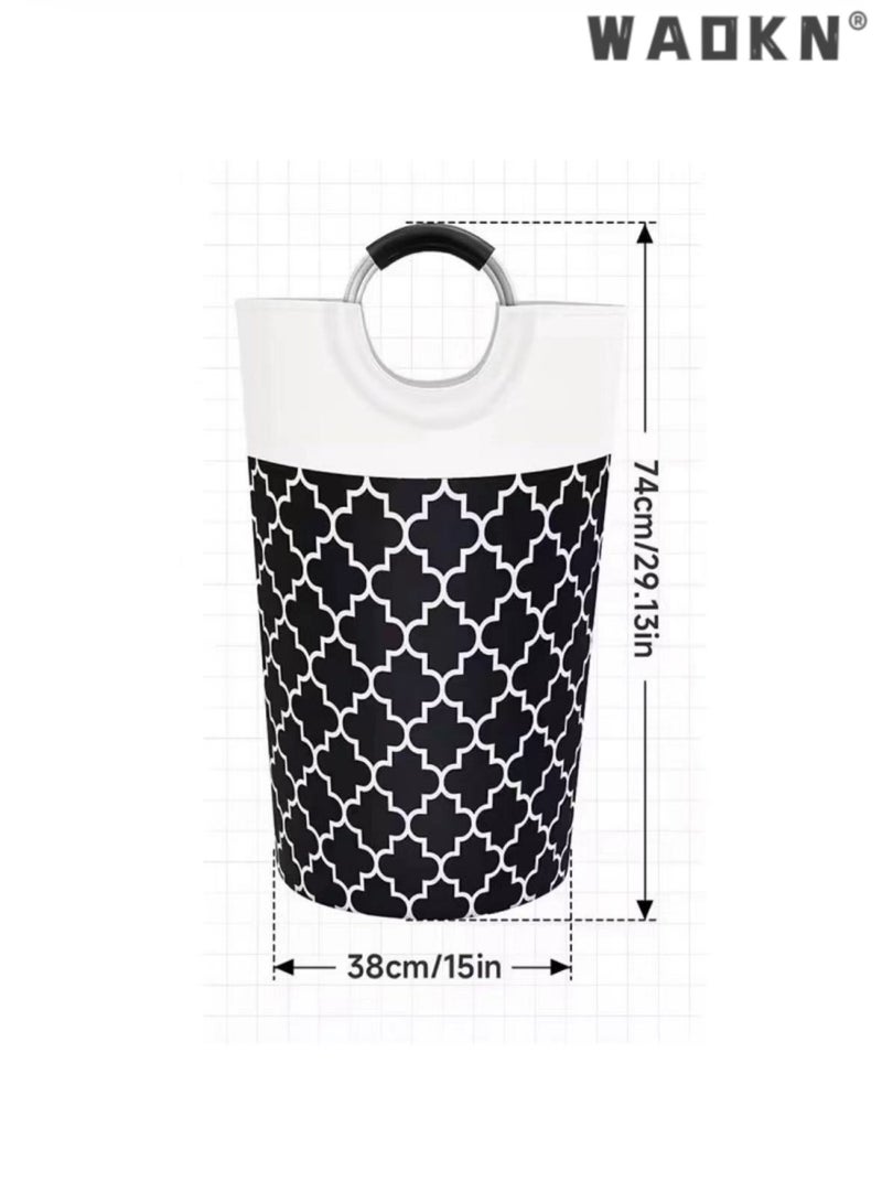 دبليو أيه أو كي أن طوي كبير المطبوعة النسيج دون غطاء الغسيل توراج سلة الغسيل تعوق حقيبة مع مقبض الألومنيوم سلة الغسيل القابلة للطي صندوق تخزين الملابس القذرة ، دلو الفرز المنزلي (أسود) - Image 3