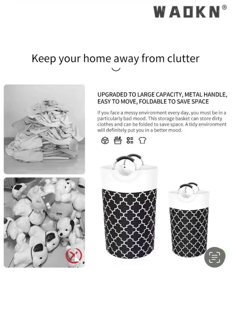 دبليو أيه أو كي أن طوي كبير المطبوعة النسيج دون غطاء الغسيل توراج سلة الغسيل تعوق حقيبة مع مقبض الألومنيوم سلة الغسيل القابلة للطي صندوق تخزين الملابس القذرة ، دلو الفرز المنزلي (أسود) - Image 5