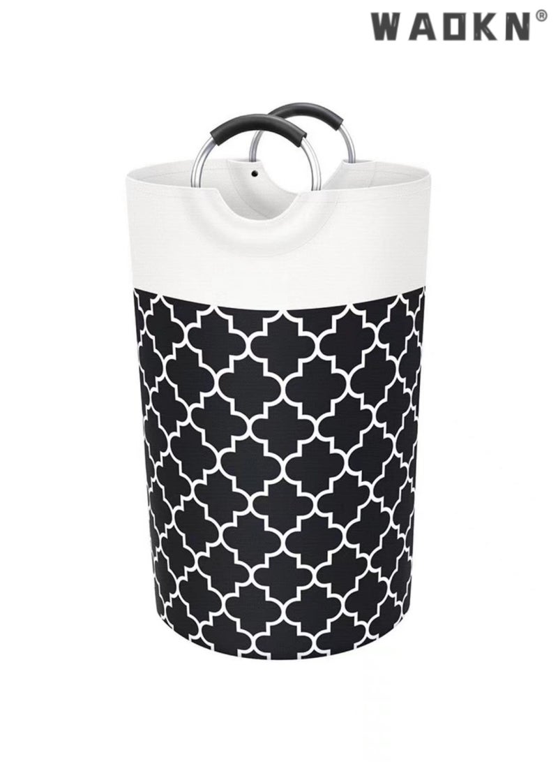 دبليو أيه أو كي أن طوي كبير المطبوعة النسيج دون غطاء الغسيل توراج سلة الغسيل تعوق حقيبة مع مقبض الألومنيوم سلة الغسيل القابلة للطي صندوق تخزين الملابس القذرة ، دلو الفرز المنزلي (أسود) - Image 2