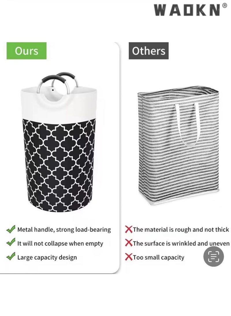 دبليو أيه أو كي أن طوي كبير المطبوعة النسيج دون غطاء الغسيل توراج سلة الغسيل تعوق حقيبة مع مقبض الألومنيوم سلة الغسيل القابلة للطي صندوق تخزين الملابس القذرة ، دلو الفرز المنزلي (أسود) - Image 4