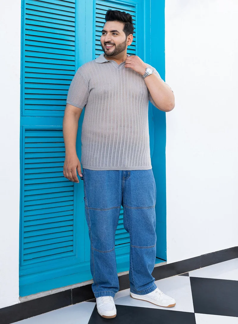 Instafab Plus Instafab Plus Men's Ash Grey Stripe-Textured Polo T-Shirt For Casual Wear | Polo Neck | Short Regular Sleeves | Pull On Closure | Plus Size T-Shirt Crafted With Comfort Fit For Everyday Wear