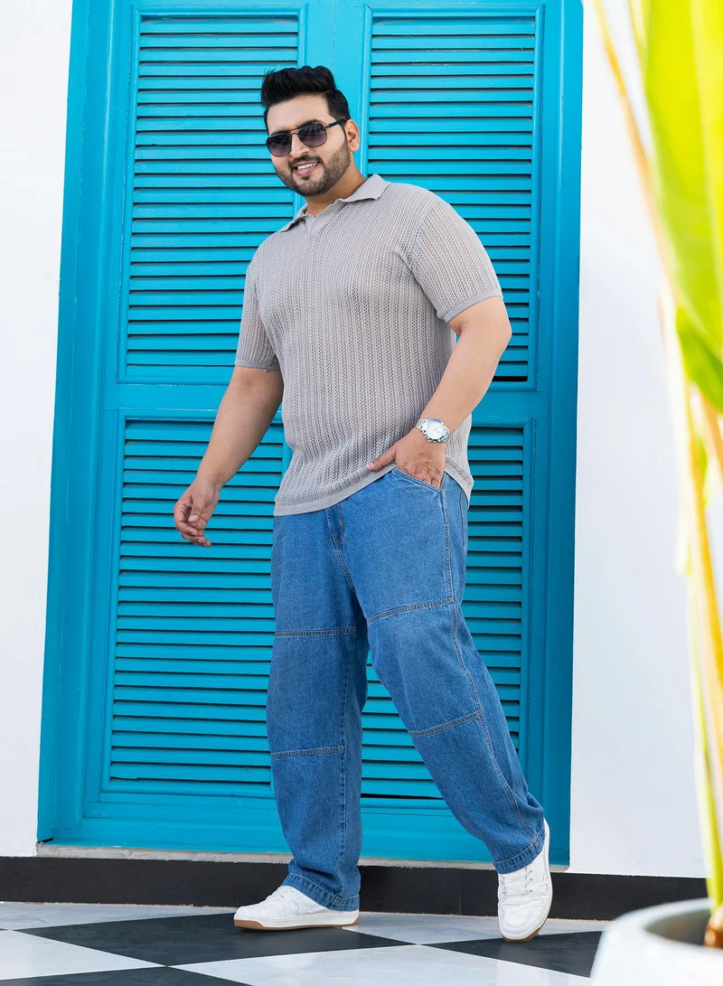 Instafab Plus Instafab Plus Men's Ash Grey Stripe-Textured Polo T-Shirt For Casual Wear | Polo Neck | Short Regular Sleeves | Pull On Closure | Plus Size T-Shirt Crafted With Comfort Fit For Everyday Wear