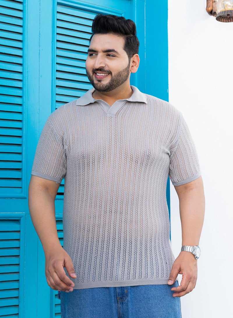 انستافاب بلس تيشيرت بولو رجالي رمادي مقاس بلس بنقشة خطوط مريحة للاستخدام اليومي - Image 2