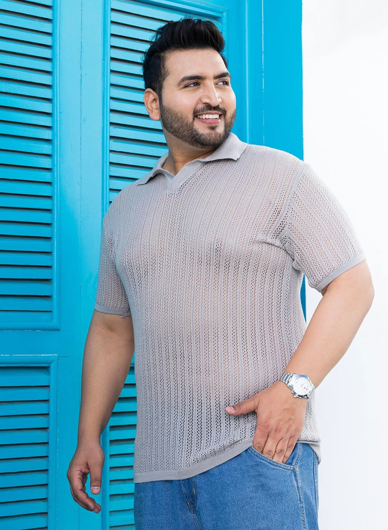 Instafab Plus Instafab Plus Men's Ash Grey Stripe-Textured Polo T-Shirt For Casual Wear | Polo Neck | Short Regular Sleeves | Pull On Closure | Plus Size T-Shirt Crafted With Comfort Fit For Everyday Wear
