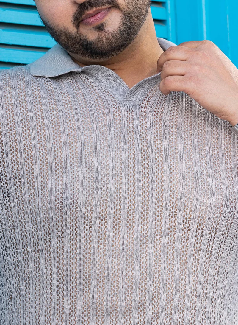 Instafab Plus Instafab Plus Men's Ash Grey Stripe-Textured Polo T-Shirt For Casual Wear | Polo Neck | Short Regular Sleeves | Pull On Closure | Plus Size T-Shirt Crafted With Comfort Fit For Everyday Wear