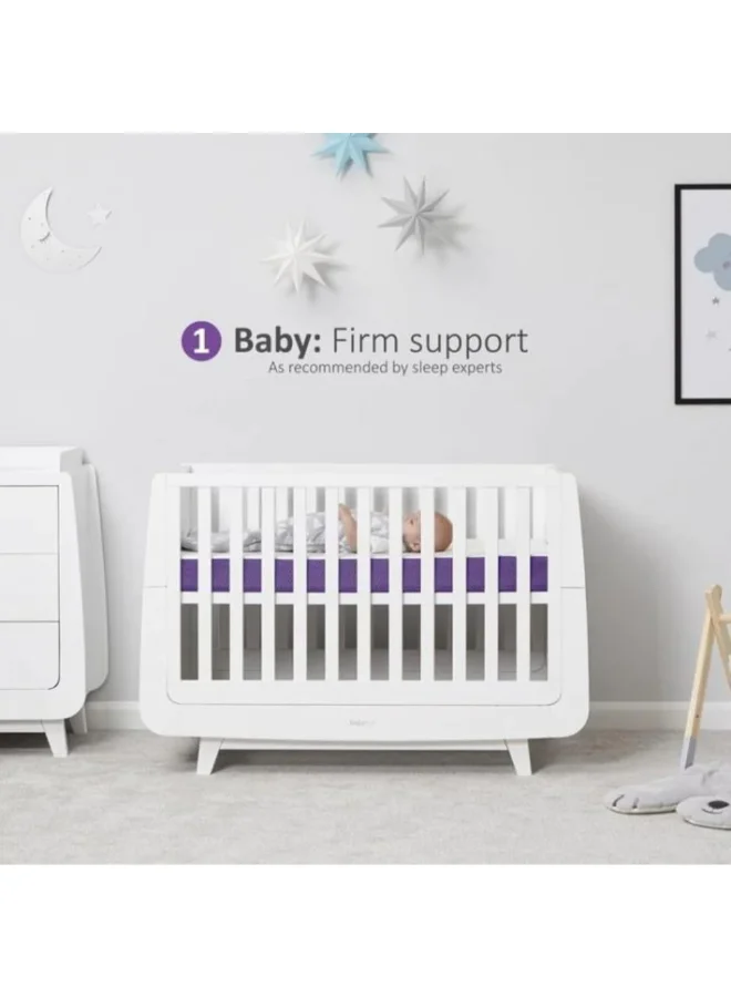 Snuz Surface Duo Dual Sided Infant Cot Bed Mattress Kot, 3D Breathable Surface, Waterproof Surface, Suitable From 0 To 4 Yrs, White/Purple, 68 X 117 X 11 Cm
