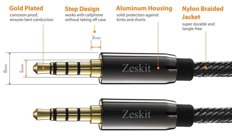 Zeskit كابل صوت AUX ذكر إلى ذكر 3.5 مم من زيسكيت بريميوم، TRRS 4 أعمدة لسماعات الرأس مع ميكروفون، مكبرات الصوت - 4 أقدام - Image 2