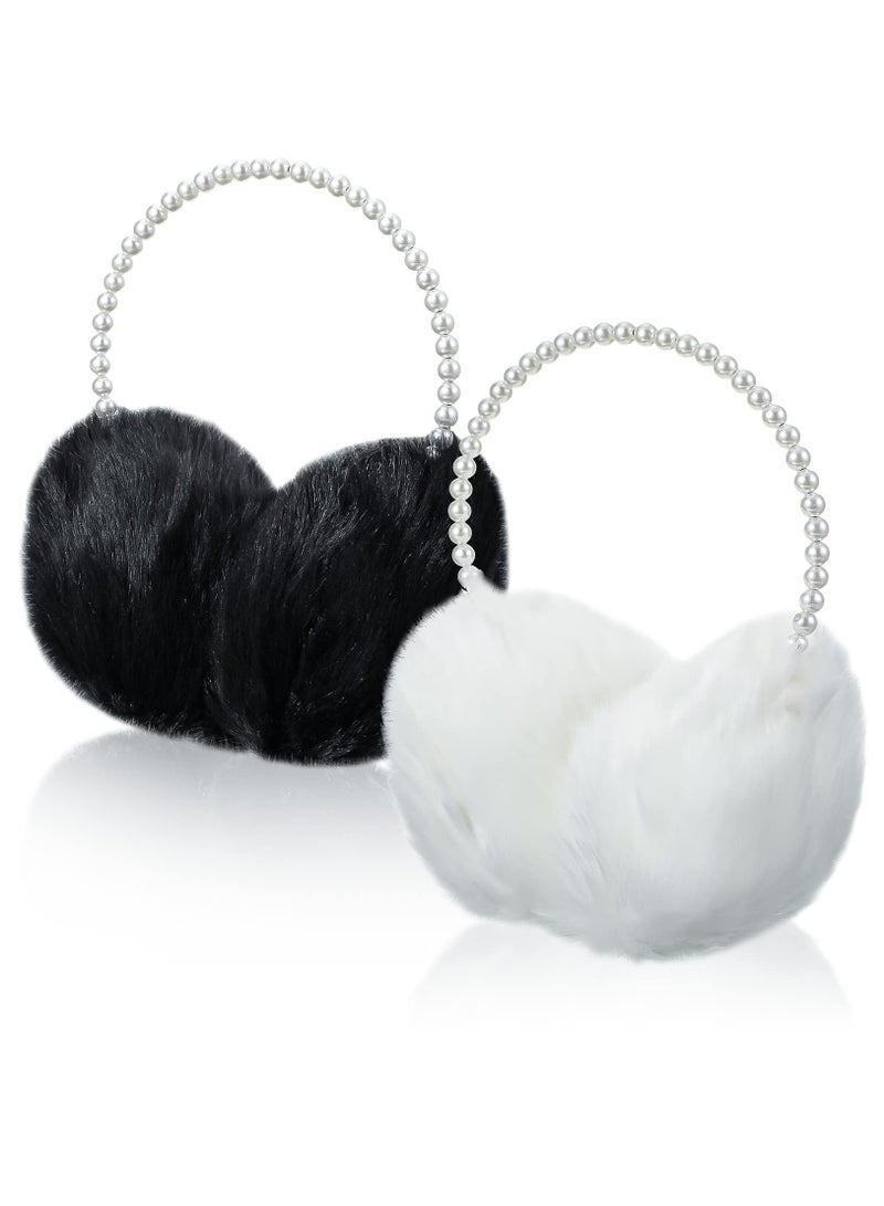 Women Winter Ear , 2 Pieces Cute Fuzzy Plush  Faux Fur Outdoor Ear Warmers with Pearl Headband for Girls - Image 1