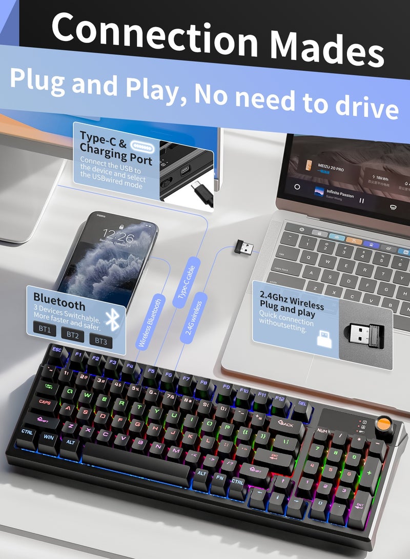 أوتشوانغ لوحة مفاتيح ميكانيكية ثلاثية الأوضاع مكونة من 95 مفتاحًا، لوحة مفاتيح ميكانيكية زرقاء خفيفة الوزن سلكية صغيرة الحجم لأجهزة الكمبيوتر الشخصية وأجهزة Mac ولوحة مفاتيح ألعاب إلكترونية محمولة - أسود - Image 3