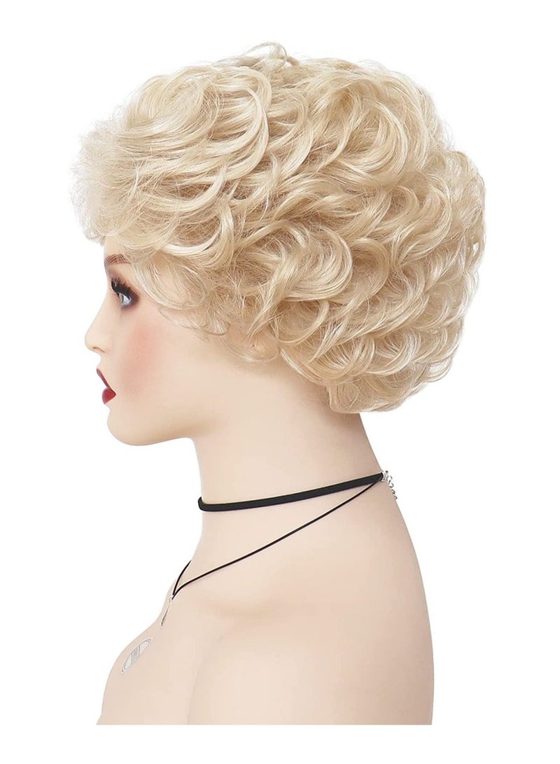كابتن تيك Golden Curly Wigs with Bangs for Women Natural Looking Pixie Cut Heat Resistant Synthetic Costume Party Old Lady Cosplay Replacement Hair Wig - Image 4