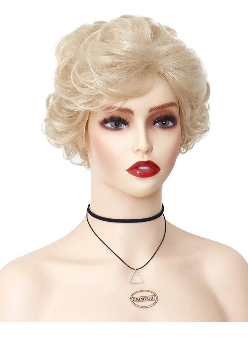 كابتن تيك Golden Curly Wigs with Bangs for Women Natural Looking Pixie Cut Heat Resistant Synthetic Costume Party Old Lady Cosplay Replacement Hair Wig - Image 2