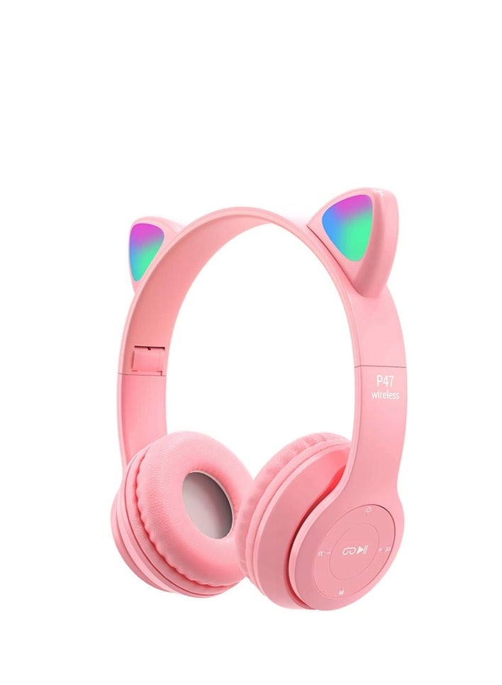 P47M Kids Wireless Headphones with LED Light, Microphone, TF Card Stereo Over Ear Wired Foldable Headphones for Girls and Boys 