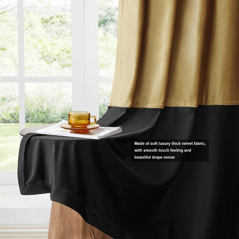 Bulbul Gold Black Velvet Curtains 84 inch Color Block Blackout Luxury Modern Living Room Curtain Privacy Light Blocking Thermal Insulated Soundproof Room Darkening Energy Saving Drapes for Bedroom 2 Panels - Image 5