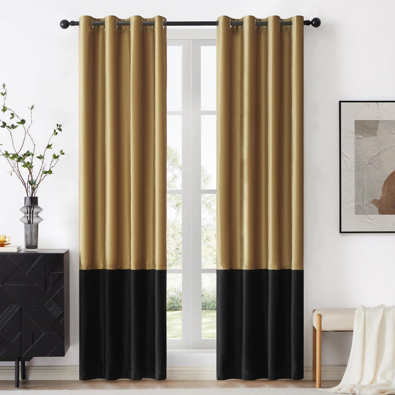 Bulbul Gold Black Velvet Curtains 84 inch Color Block Blackout Luxury Modern Living Room Curtain Privacy Light Blocking Thermal Insulated Soundproof Room Darkening Energy Saving Drapes for Bedroom 2 Panels - Image 1