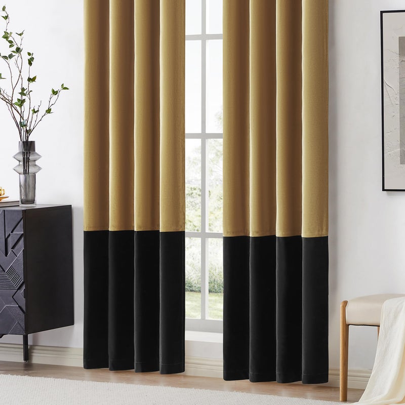 Bulbul Gold Black Velvet Curtains 84 inch Color Block Blackout Luxury Modern Living Room Curtain Privacy Light Blocking Thermal Insulated Soundproof Room Darkening Energy Saving Drapes for Bedroom 2 Panels - Image 4