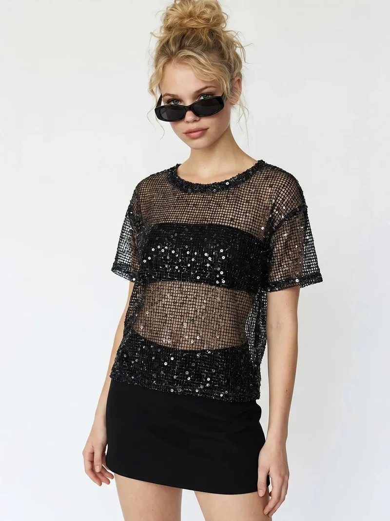 ميكسراي MIXRAY Sequin Woven Crew Neck Blouse