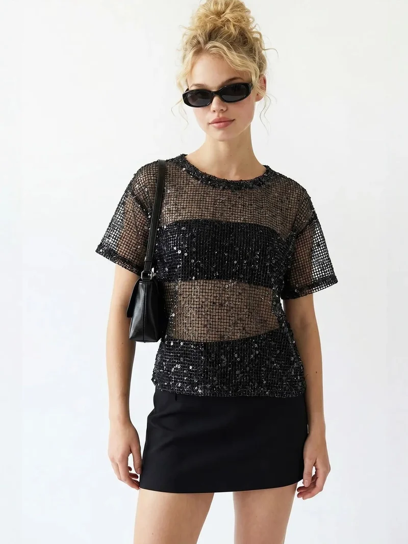 ميكسراي MIXRAY Sequin Woven Crew Neck Blouse