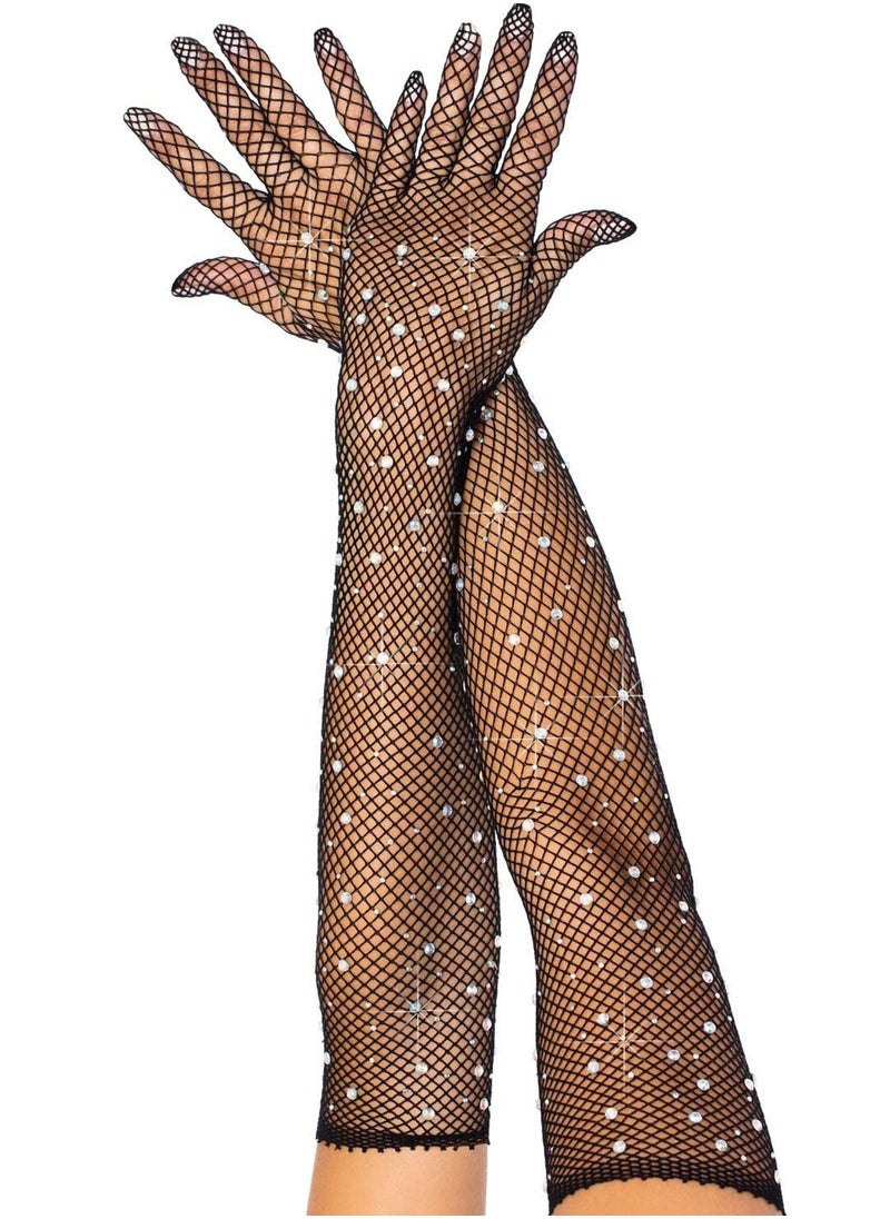 SYOSI Black Fishnet Long Gloves, Women Girls 1920s Retro Five Finger Arm Sleeves with Rhinestone Clothing Accessory for Prom Party  - Image 5