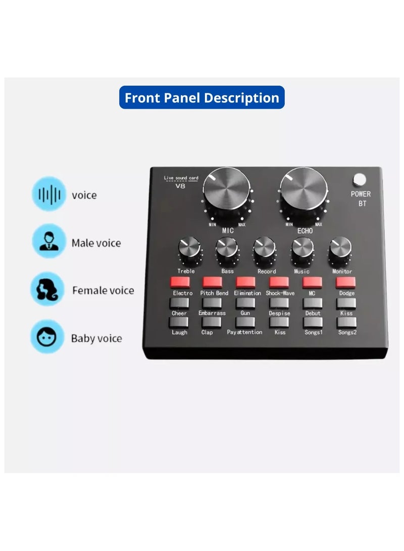 V8 Podcast Live Sound Card, Multiple Sound Effects Voice Changing Mini Sound Mixer Board for Live Streaming Home KTV Singing  - Image 5