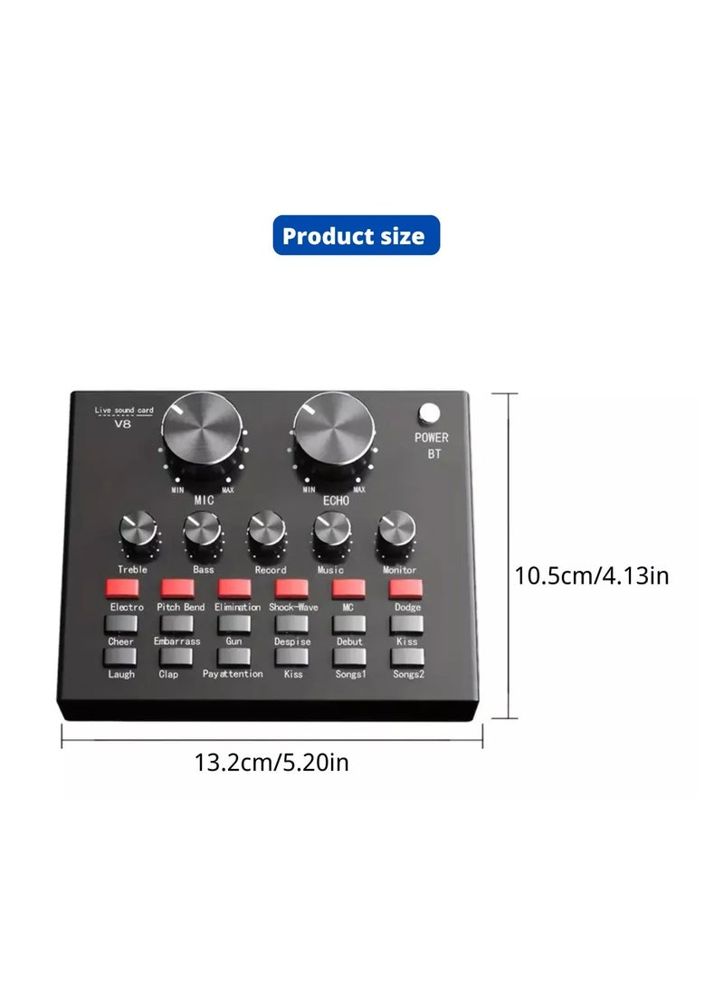 V8 Podcast Live Sound Card, Multiple Sound Effects Voice Changing Mini Sound Mixer Board for Live Streaming Home KTV Singing  - Image 2