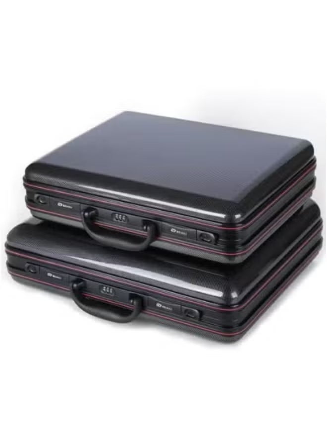 A luxurious two-piece black document bag set (two briefcases) with an elegant diplomatic design from the Diplomat brand. Constructed with a heavy-duty, impact-resistant ABS plastic shell to confidently protect your documents and tablets. Each briefcase features a dual digital security system for privacy and has reinforced top handles for comfortable carrying.