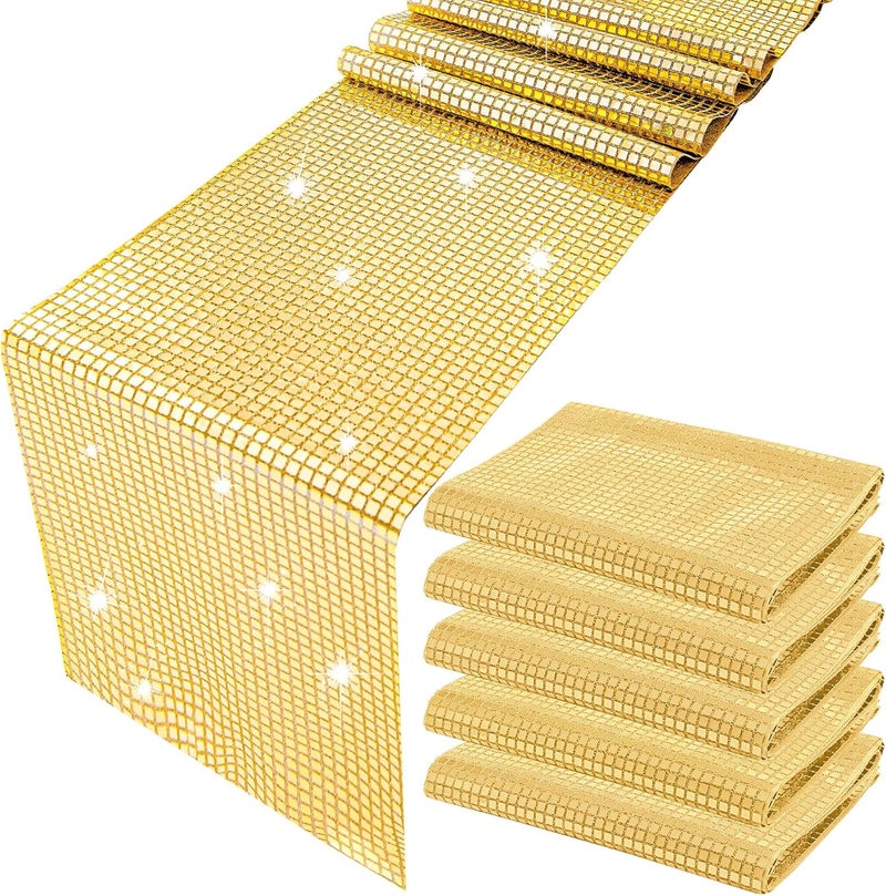klarako 5 Pack 12 x 108 Inch Glitter Disco Table Runner Sequin Mirror Foil Table Runner for 70s 80s Disco Ball Party Theme Birthday Wedding Event Bachelorette Party Decorations (Champagne) - Image 1