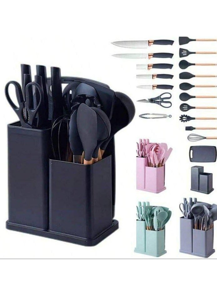 طقم أدوات للطهي، مجموعة أدوات مطبخ مع 11 ملعقة سباتولا من أدوات الطبخ، أدوات سيليكون مقاومة للحرارة طقم سكاكين مكونة من 6 قطع حادة ولوحي تقطيع _ 20  قطعة مصنوعة من رؤوس سيليكون آمنة غذائيًا ومقابض من الخشب الصلب، يمكن أن تحمي مجموعة أدوات الطهي المصنوعة من السيليكون غير اللاصق أواني الطهي الخاصة بك من أي خدوش ولن تذوب عند استخدامها، مع نطاق _ متعددة الالوان - Image 1