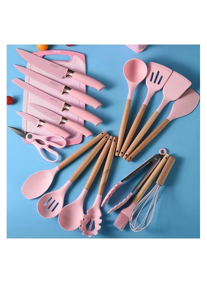 طقم أدوات للطهي، مجموعة أدوات مطبخ مع 11 ملعقة سباتولا من أدوات الطبخ، أدوات سيليكون مقاومة للحرارة طقم سكاكين مكونة من 6 قطع حادة ولوحي تقطيع _ 20  قطعة مصنوعة من رؤوس سيليكون آمنة غذائيًا ومقابض من الخشب الصلب، يمكن أن تحمي مجموعة أدوات الطهي المصنوعة من السيليكون غير اللاصق أواني الطهي الخاصة بك من أي خدوش ولن تذوب عند استخدامها، مع نطاق _ متعددة الالوان - Image 5